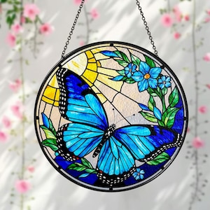 Blue Butterfly Stained Glass Suncatcher Window Hanging,Butterfly Lovers Flower,Insect Suncatcher,Nature Lovers Gift,Mother's Day,Home Decor
