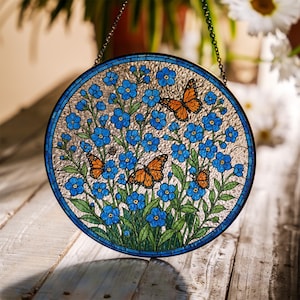 Forget Me Not & Monarch Butterfly Glass Suncatcher: Blue Wildflower Window Hanging