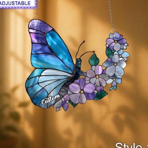 Blue Morpho Butterfly Lavender Suncatcher, Acrylic Window Hanging, Boho Cottagecore Decor, Nature Lover Gift, Floral Ornament