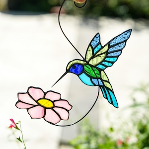 Handmade Stained Glass Hummingbird Suncatcher with Flower, Stained Glass Hummingbird Window Hanging, Garden Decor, Mother's Day gift