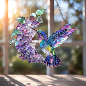 Hummingbird Suncatcher Window Hanging – Acrylic Bird and Flower Decor, Hummingbird Acrylic Sun Catcher, Gift for Bird Lovers