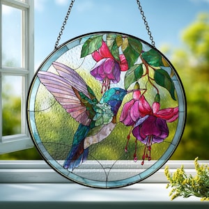 Hummingbird Stained Glass Suncatcher, Fuchsia Flowers Window Decor