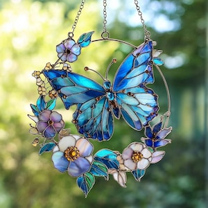 Blue Butterfly Floral Stained Glass Suncatcher, Handmade Acrylic Window Hanging, Elegant Nature-Inspired Home Decor