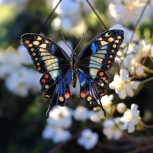 Blue Swallowtail Butterfly Stained Glass Suncatcher – Iridescent Window Hanging, Nature-Inspired Home Décor