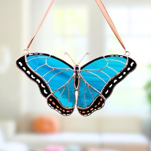 Blue morpho stained glass window hangings / Gifts for grandma / Mini butterfly custom stained glass suncatcher / Custom appreciation gift