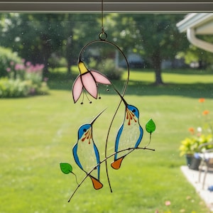Stained Glass Double Hummingbird Suncatcher: Garden Window Art