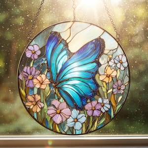 Blue Butterfly Stained Glass Suncatcher, Floral Window Hanging Decor, Nature Home Decor, Gift for Butterfly Lover