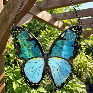 Blue Morpho Butterfly Stained Glass Suncatcher, Handmade Butterfly Window Hanging, Artisan Tiffany Style Glass Art, Nature Home Decor Gift
