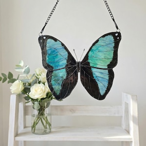 Blue Green Morpho deidamia Butterfly Suncatcher, Handmade Stained Glass Window Art, Nature Lover Gift for Mom
