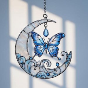 Blue Butterfly Crescent Moon Decor, Acrylic Suncatcher, Mystical Window Panel, Dreamy Ocean Wave Art Gift