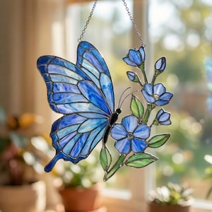 Blue Butterfly Suncatcher, Floral Monarch Window Hanging, Spring Butterfly Wall Art, Gift for Her, Botanical Garden Home Decor, Garden Decor