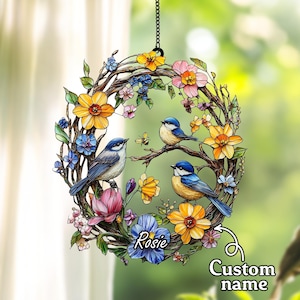 Spring Bird Wreath Acrylic Suncatcher – Faux Stained Glass Window Hanging with Bluebirds, Wildflowers, and Butterflies,Nature-Inspired Decor