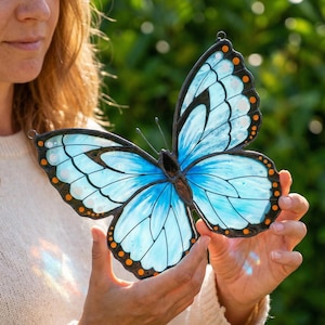 Morpho Menelaus Blue Butterfly Stained Glass Window Hanging, Sun Catcher with Shadow Play, Handmade Nature Home Decor Gift