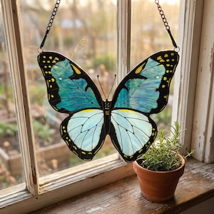 Blue Butterfly Stained Glass Art for Butterfly Lovers, Handmade Tiffany Style Insect Window Hanging, Nature Inspired Glass Decor