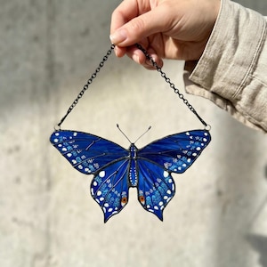 Swallowtail Butterfly Stained Glass Suncatcher, Blue Butterfly Window Hanging, Handmade Butterfly Glass Art for Sunlit Window Home Decor