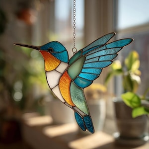 Hummingbird Stained Acrylic Suncatcher, Colorful Bird Window Hanging, Light Catcher Home Decor, Gift for Mom, Nature Lover Gift