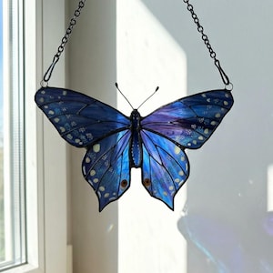 Blue Clipper Butterfly Stained Glass Suncatcher, Handmade Tiffany Style Butterfly Window Hanging, Nature Inspired Home Decor