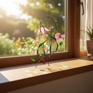 Hummingbird Stained Glass Suncatcher, Valentine’s Day Gift for Her, Handmade Bird Window Hanging, Colorful Nature Sun Catcher Home Decor