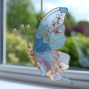Stained Acrylic Butterfly Suncatcher, Blue Floral Butterfly Window Hanging, Pastel Acrylic Sun Catcher, Spring Home Decor, Gift for Her