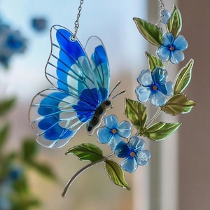 Blue Butterfly Acrylic Suncatcher, Forget Me Not Flower Window Hanging, Nature Garden Gift