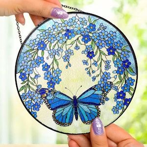 Butterfly Stained Glass Window Hanging Sun Catcher, Blue Flower Suncatcher Decor, Birthday Gifts for Mom, Grandma, Friend, Sister, Women