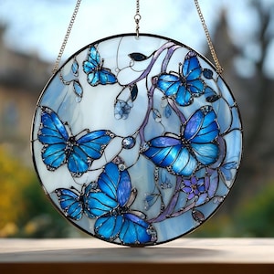 Blue Butterfly Stained Glass Suncatcher, Round Monarch Window Hanging, Handmade Anniversary Gift