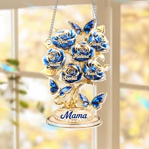 Personalized Blue Rose Suncatcher for Mom, Custom Acrylic Flower Window Hanging with Kids Names, Butterfly Suncatcher Gift for Mama Grandma