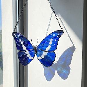 Blue Morpho Helena Butterfly, Stained Glass Suncatcher Window Hanging, Handmade Blue Butterfly Art Decor, Nature Inspired Home Decor