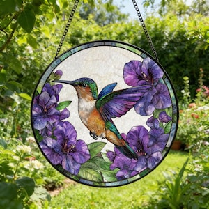 Hummingbird Sun Catcher Stained Glass,Round Bird Flowers Window Hanging,Garden Decor,Colorful Floral Glass Art,Gift for Mom Grandma